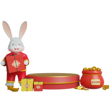 Chinese Rabbit Holding Gift And Doing Podium Decoration  3D Illustration