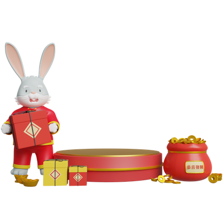 Chinese Rabbit Holding Gift And Doing Podium Decoration 3D Illustration