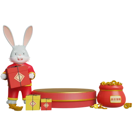 Chinese Rabbit Holding Gift And Doing Podium Decoration  3D Illustration