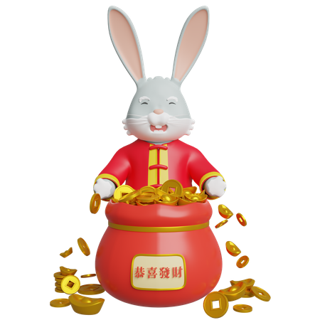 Chinese Rabbit Holding Gold Money  3D Illustration