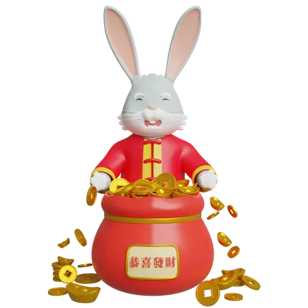 Chinese Rabbit Holding Gold Money  3D Illustration