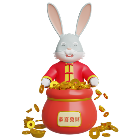 Chinese Rabbit Holding Gold Money 3D Illustration