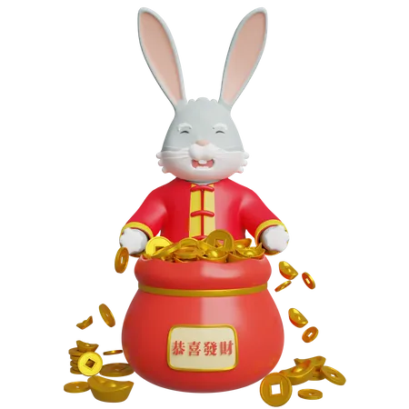 Chinese Rabbit Holding Gold Money 3D Illustration
