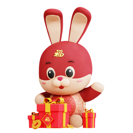 Chinese Rabbit Open Giftbox  3D Illustration