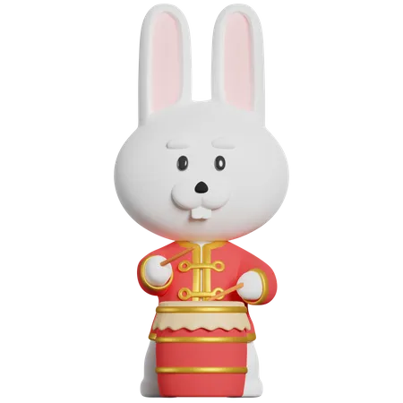 Chinese Rabbit Playing Drum  3D Illustration