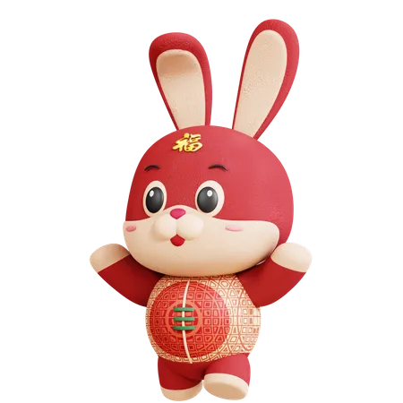 Chinese Rabbit Showing Happy Pose  3D Illustration