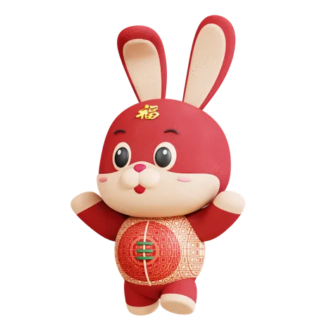 Chinese Rabbit Showing Happy Pose 3D Illustration