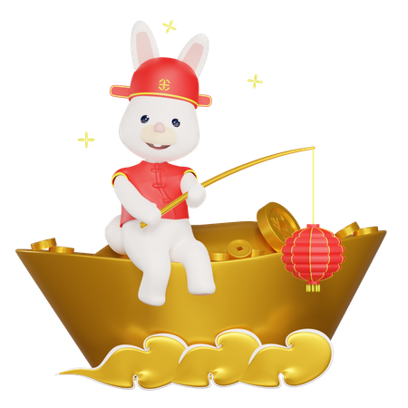 Chinese rabbit sitting on gold ingot  3D Illustration