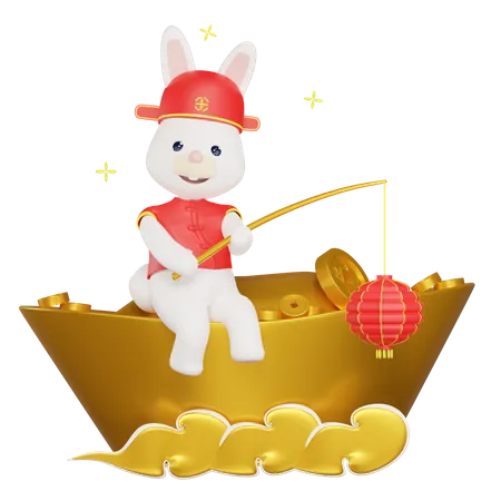 Chinese rabbit sitting on gold ingot  3D Illustration