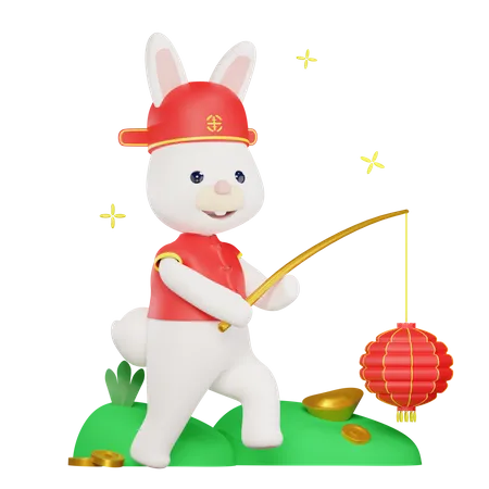 Chinese rabbit walking and carrying Chinese lantern  3D Illustration