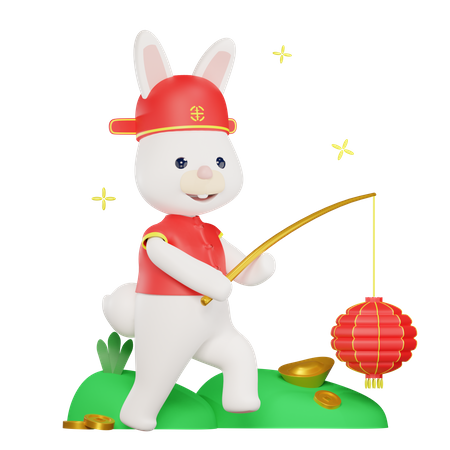 Chinese rabbit walking and carrying Chinese lantern  3D Illustration