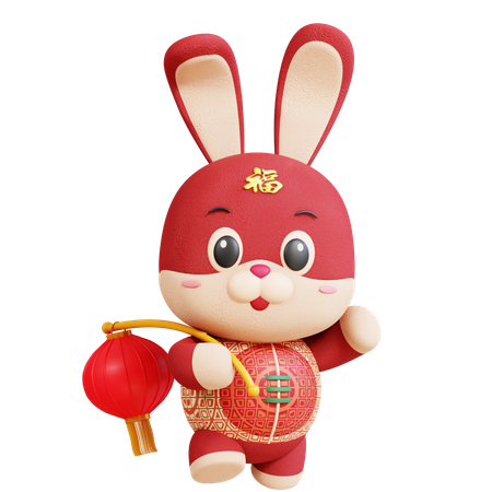 Chinese Rabbit With Chinese Lantern 3D Illustration