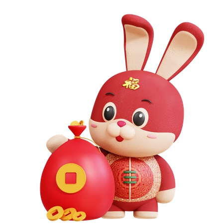 Chinese Rabbit With Coin Bag 3D Illustration