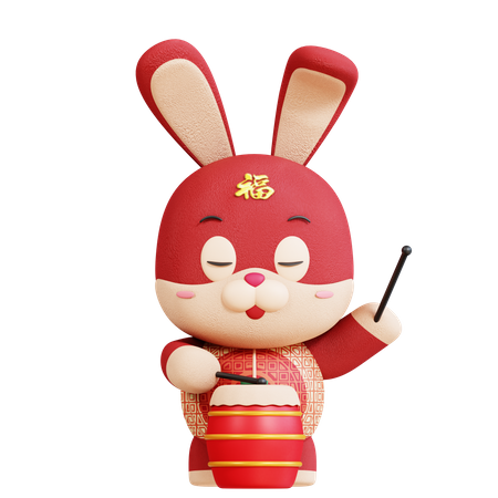 Chinese Rabbit With Drum  3D Illustration