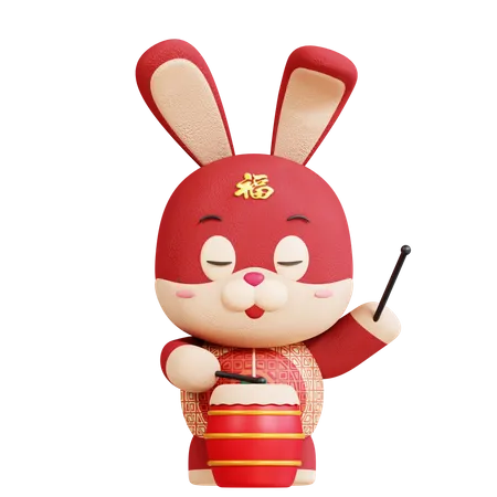 Chinese Rabbit With Drum 3D Illustration
