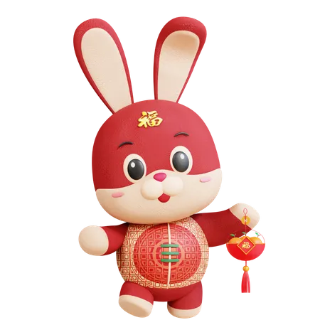Chinese Rabbit With Fruit Lantern 3D Illustration