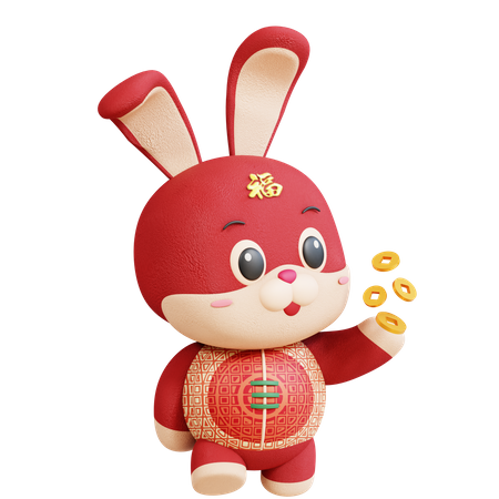 Chinese Rabbit With Gold Coin  3D Illustration