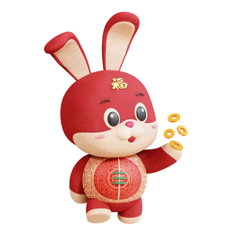 Chinese Rabbit With Gold Coin  3D Illustration