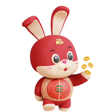 Chinese Rabbit With Gold Coin 3D Illustration