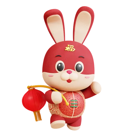 Chinese Rabbit With Chinese Lantern  3D Illustration