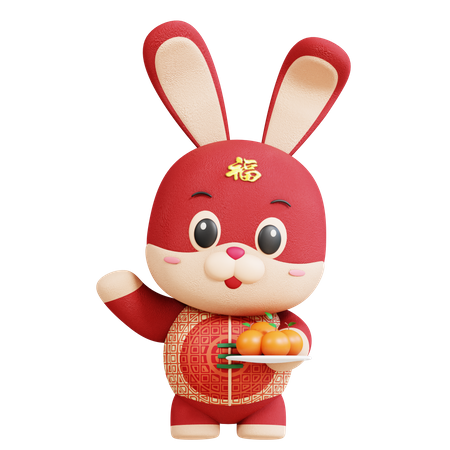 Chinese Rabbit With Orange Fruit  3D Illustration