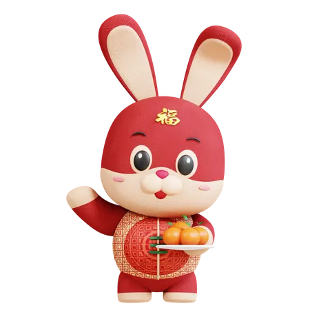 Chinese Rabbit With Orange Fruit  3D Illustration