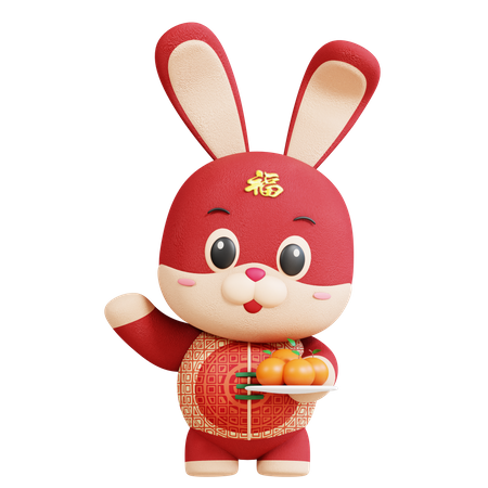 Chinese Rabbit With Orange Fruit 3D Illustration