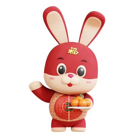 Chinese Rabbit With Orange Fruit 3D Illustration