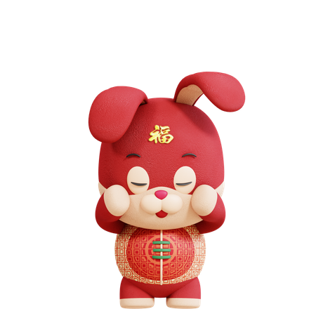 Chinese Rabbit With Shy Pose  3D Illustration