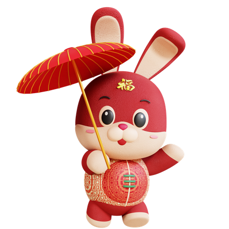 Chinese Rabbit With Umbrella  3D Illustration