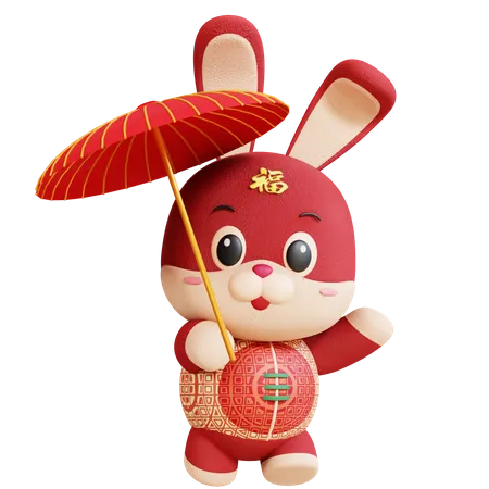 Chinese Rabbit With Umbrella 3D Illustration