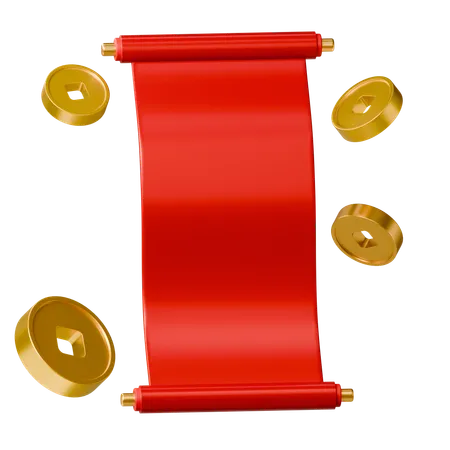 Chinese Scroll Letter And Coin  3D Icon