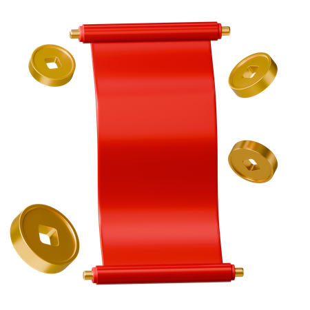 Chinese Scroll Letter And Coin  3D Icon