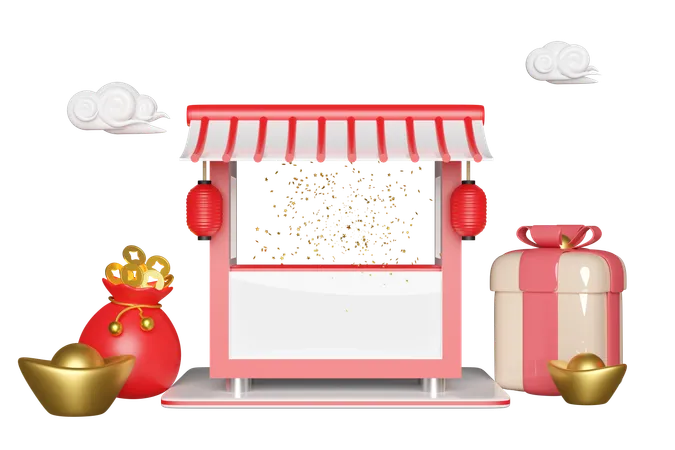3 D Chinese Style Booth Shop Empty Retail Store Front With Roof Awning Gold Ingot Gift Box Gold Coin Lantern Hanging Startup Franchise Business For Chinese New Year 3 D Render Illustration 3D Icon