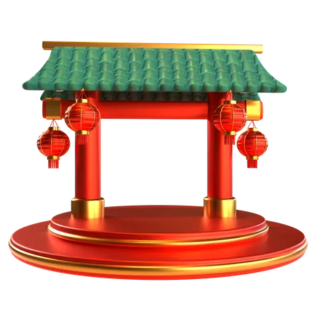Chinese New Year Icon Temple Gate Podium With Lantern 3 D Render 3D Icon