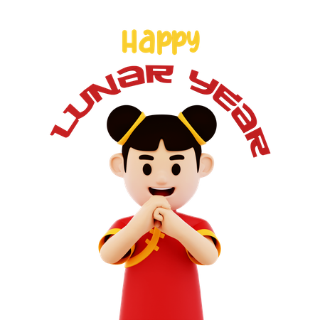 Chinese Woman Character Greeting Happy Lunar Year  3D Illustration