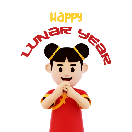 Chinese Woman Character Greeting Happy Lunar Year  3D Illustration