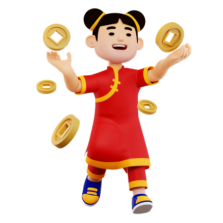 Chinese Woman Character with Coins  3D Illustration