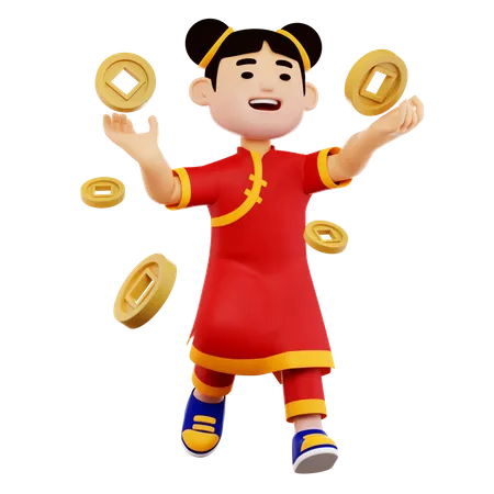Chinese Woman Character with Coins  3D Illustration