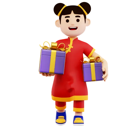 Chinese Woman Character with Gifts  3D Illustration