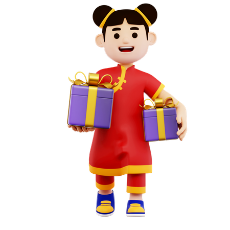 Chinese Woman Character with Gifts 3D Illustration