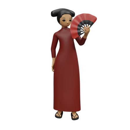 Chinese woman giving standing pose with chinese fan 3D Illustration