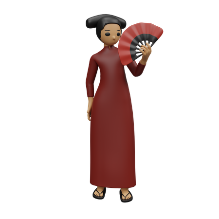 Chinese woman giving standing pose with chinese fan  3D Illustration