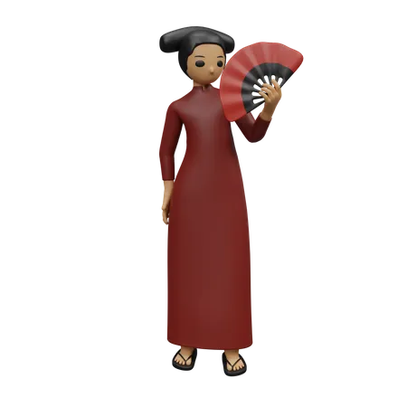 Chinese woman giving standing pose with chinese fan  3D Illustration