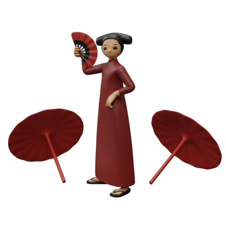 Chinese woman holding chinese fan  3D Illustration