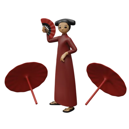 Chinese woman holding chinese fan  3D Illustration