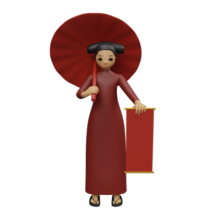 Chinese woman holding umbrella and banner  3D Illustration