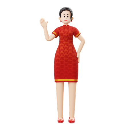 Chinese Woman Is Waving Hand  3D Illustration