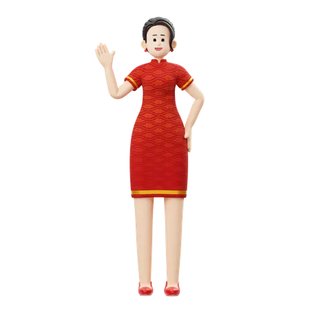 Chinese Woman Is Waving Hand  3D Illustration