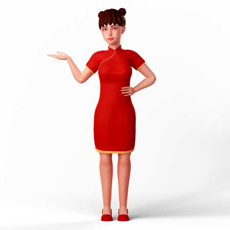 Chinese Woman present object with her right hand  3D Illustration